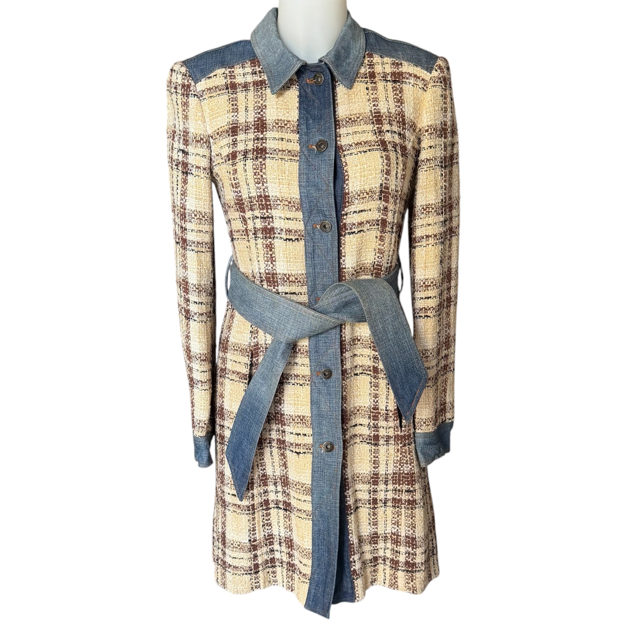 Dolce & Gabbana Vintage Tweed Check & Denim Hybrid Trench Coat