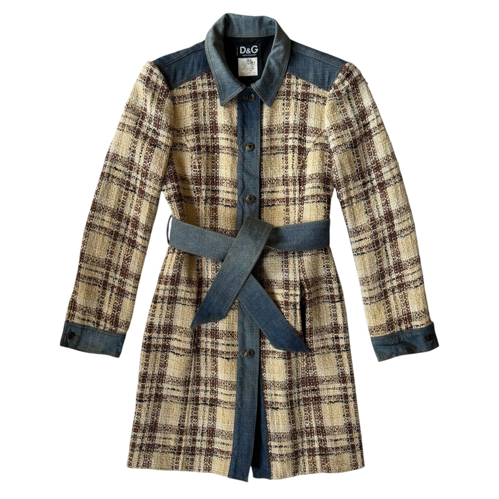 Dolce & Gabbana Vintage Tweed Check & Denim Hybrid Trench Coat
