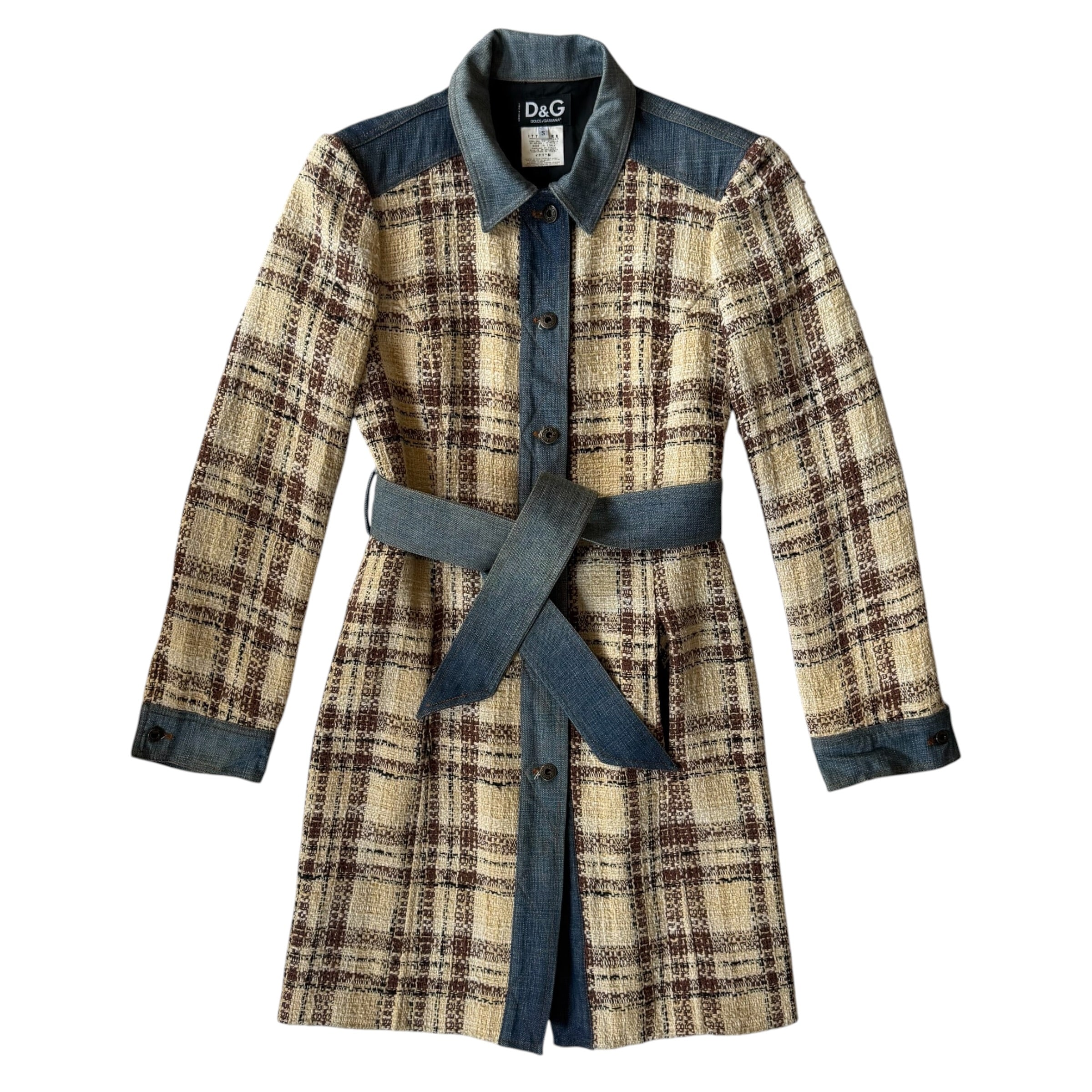 Dolce & Gabbana Vintage Tweed Check & Denim Hybrid Trench Coat