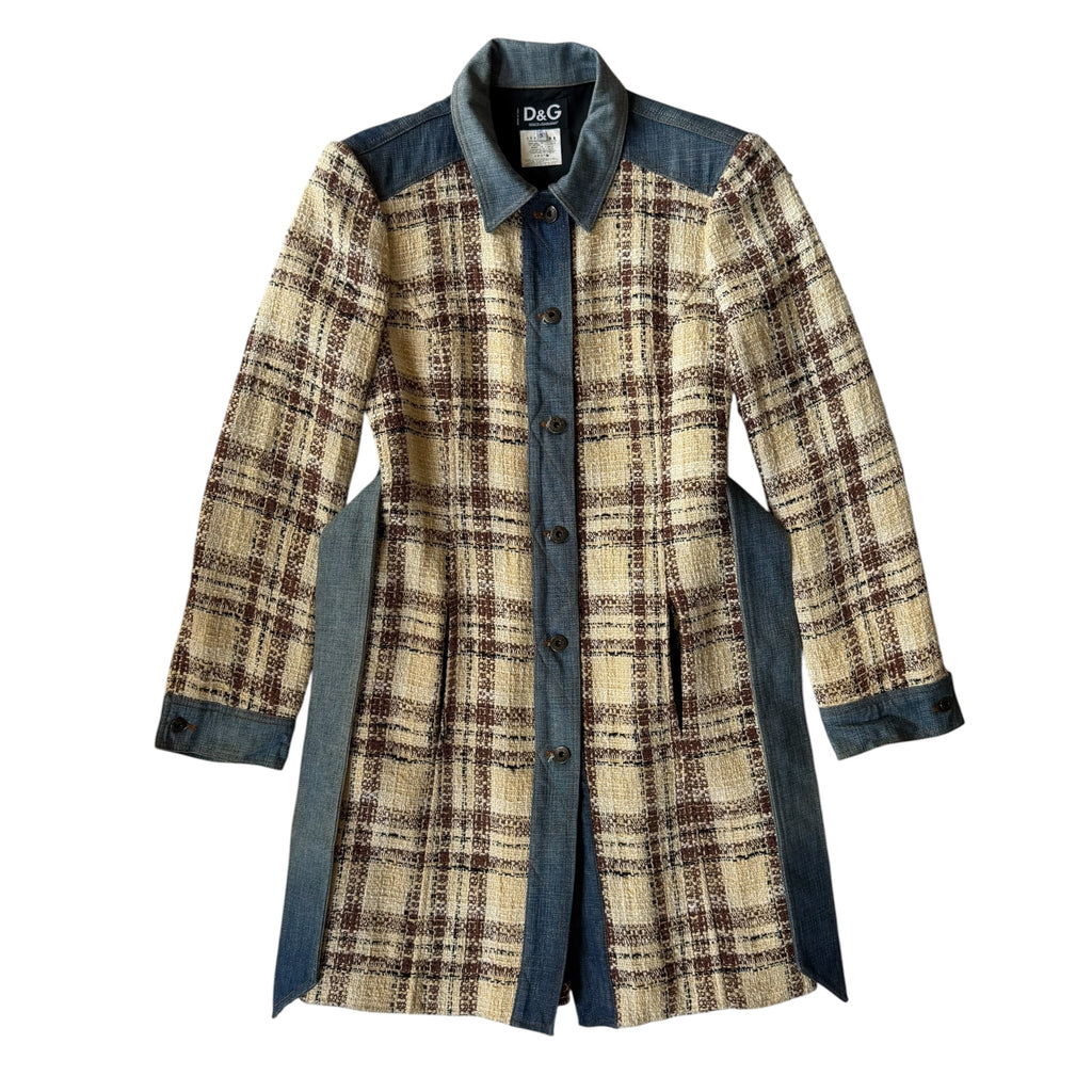 Dolce & Gabbana Vintage Tweed Check & Denim Hybrid Trench Coat