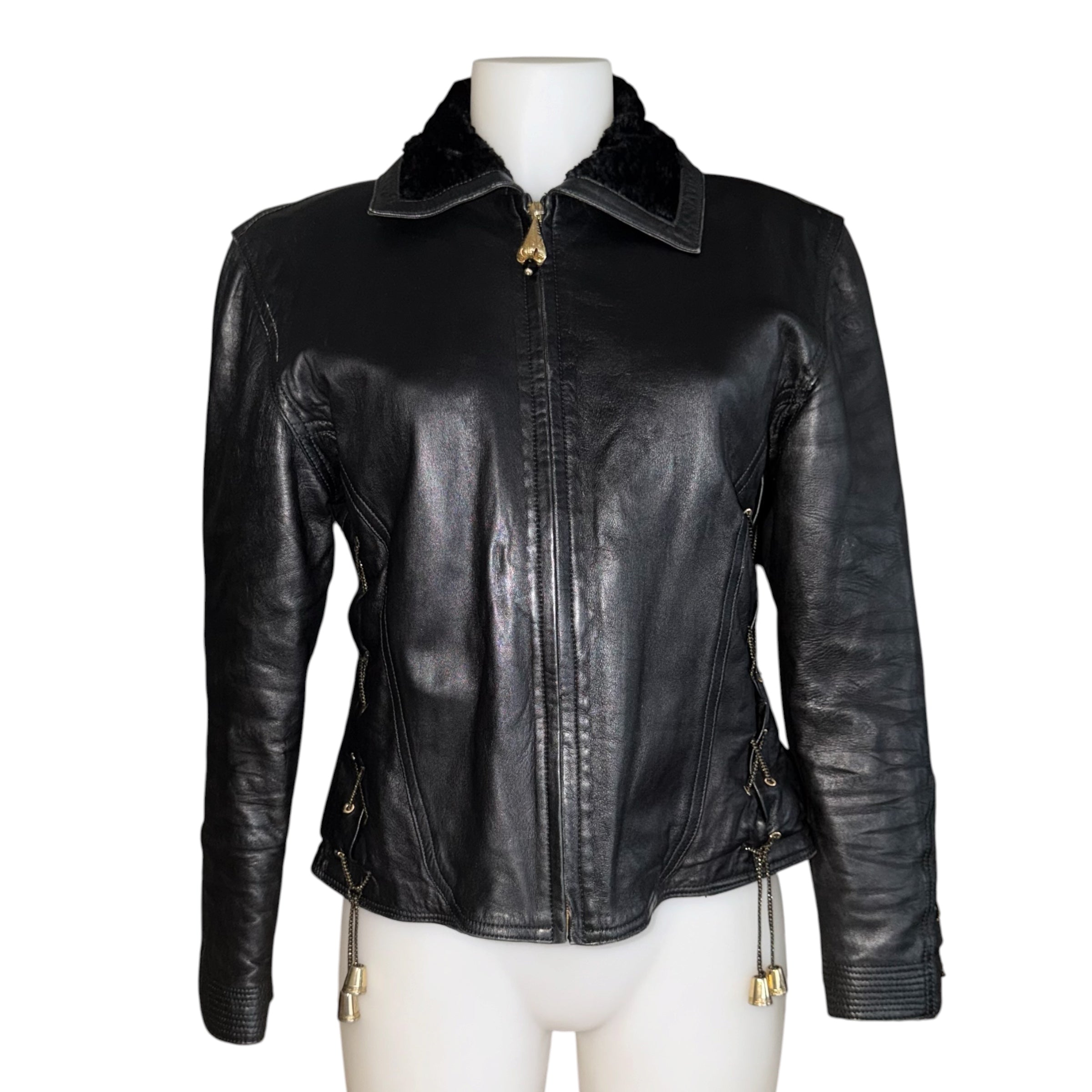 VERSACE VINTAGE LEATHER JACKET WITH FUR COLLAR