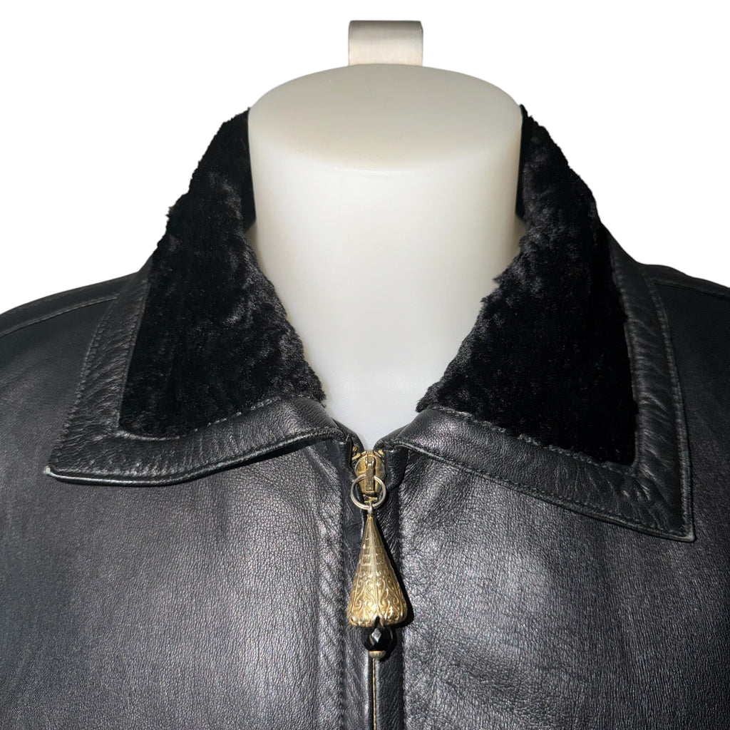 VERSACE VINTAGE LEATHER JACKET WITH FUR COLLAR