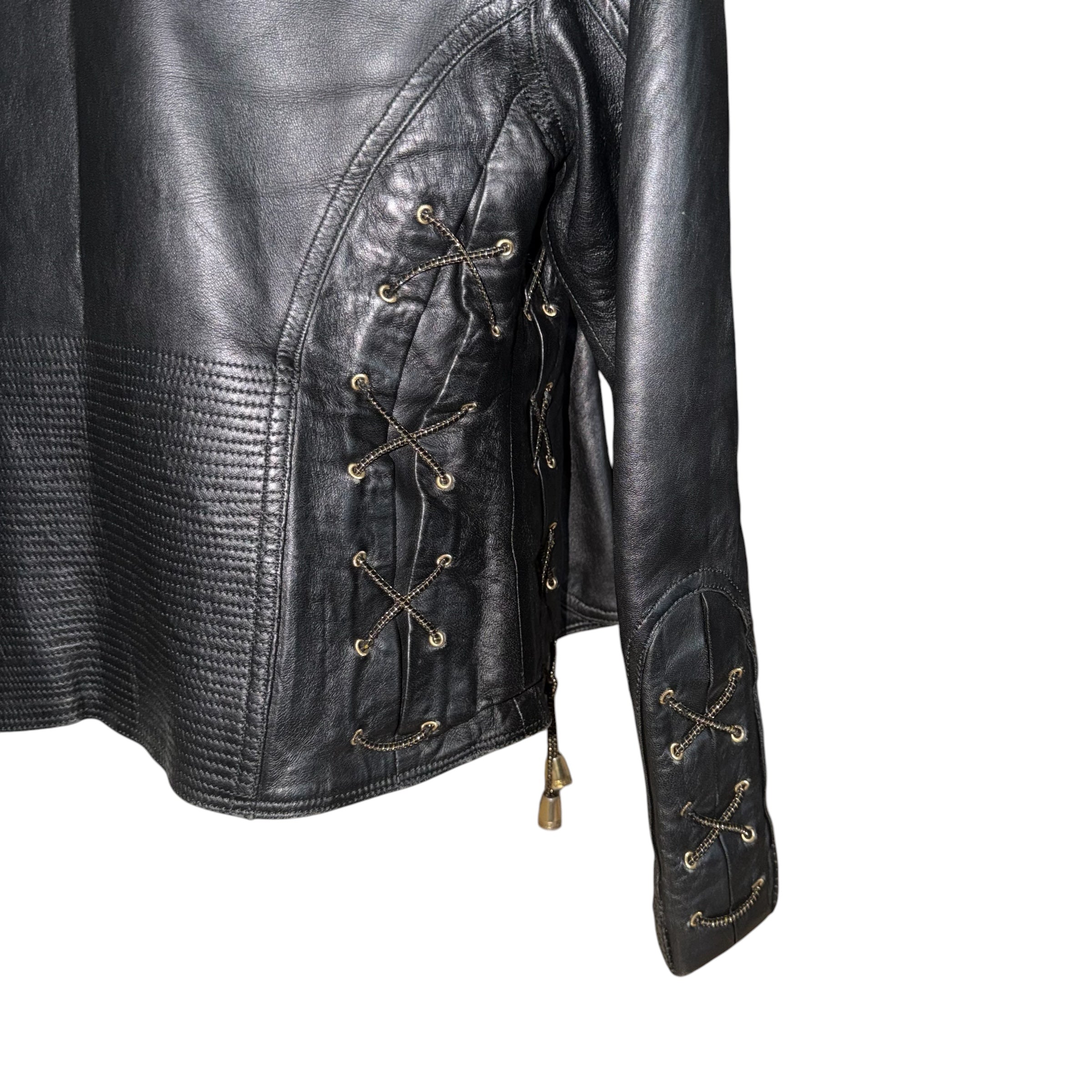 VERSACE VINTAGE LEATHER JACKET WITH FUR COLLAR