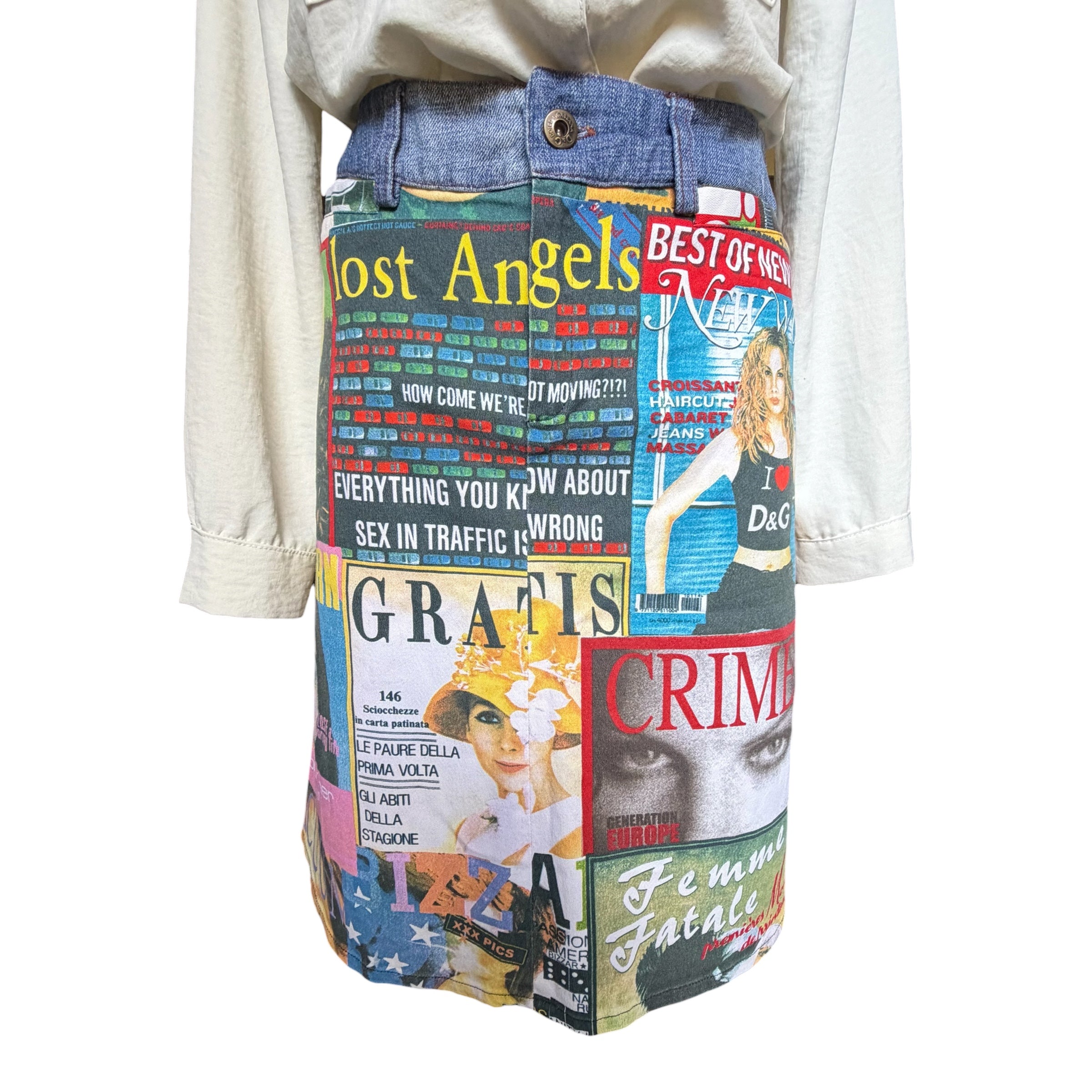 DOLCE & GABBANA VINTAGE NEWSPAPER PRINT DENIM SKIRT